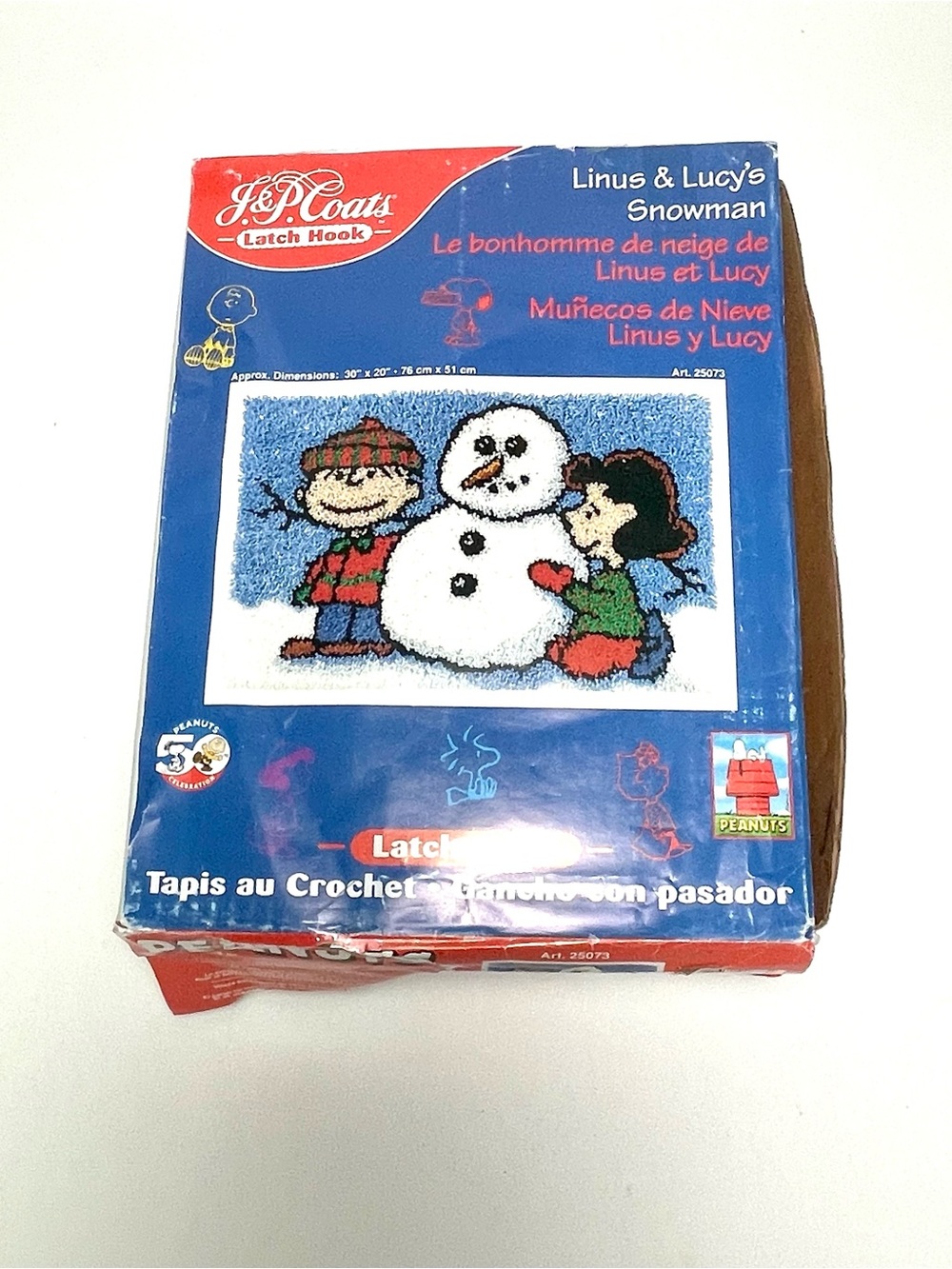 J&P Coats Latch Hook Kit Linus & Lucy's Snowman 30x20 Peanuts Charlie Brown NOB